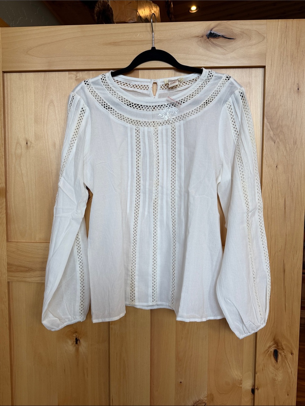 Sundance Lace Insert Blouse White Boho Long Sleeve Top Size M